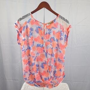 Democracy Vibrant Coral and Blue Floral Blouse
